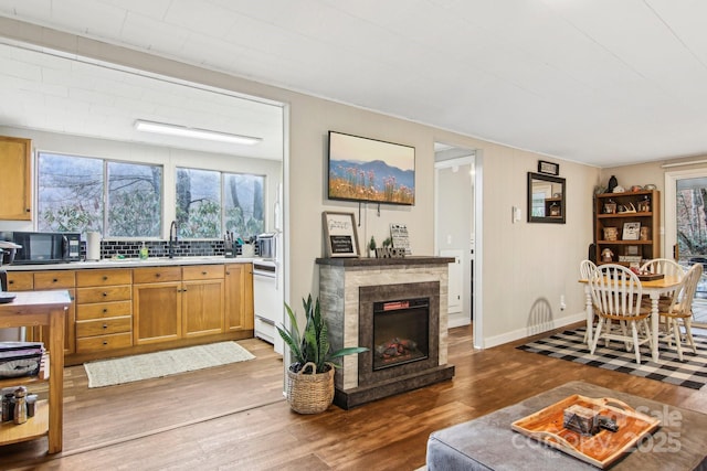 living room with a premium fireplace, sink, and dark hardwood / wood-style floors