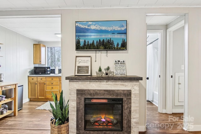 living room featuring wood walls and hardwood / wood-style flooring