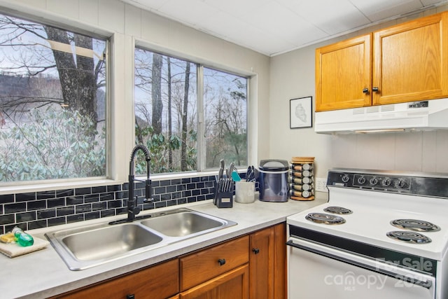 kitchen featuring white electric range, a wealth of natural light, and sink