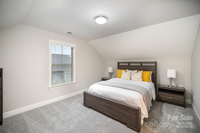 bedroom featuring carpet and vaulted ceiling