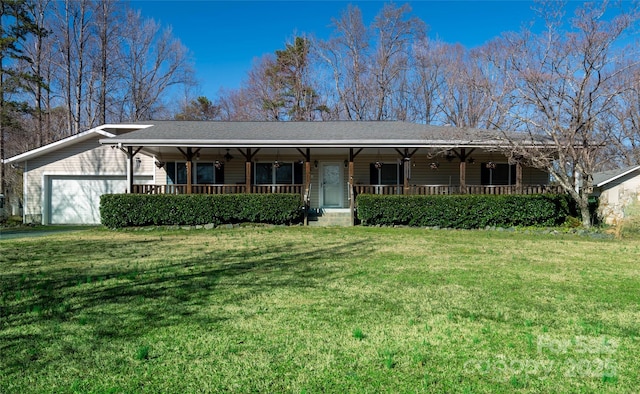 single story home with a garage, roof with shingles, covered porch, and a front lawn