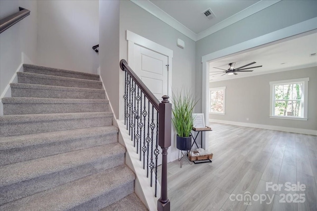 staircase with wood-type flooring, ceiling fan, and ornamental molding