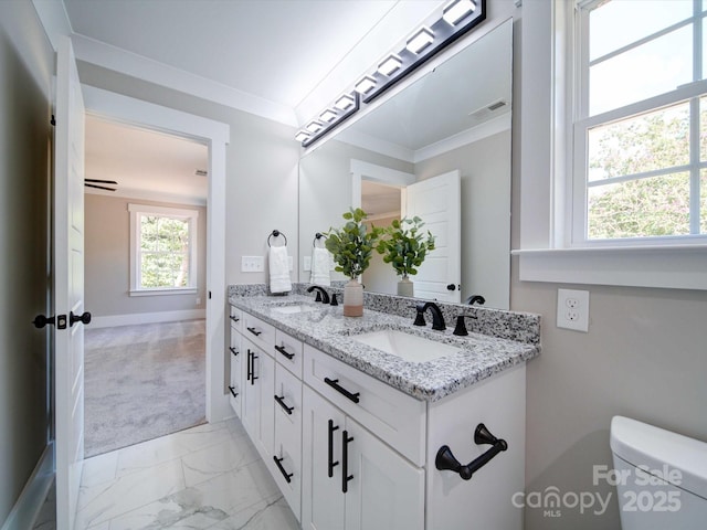 bathroom featuring crown molding, vanity, and toilet