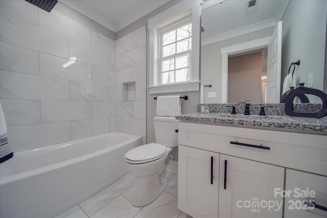 full bathroom with vanity, toilet, tiled shower / bath, and crown molding