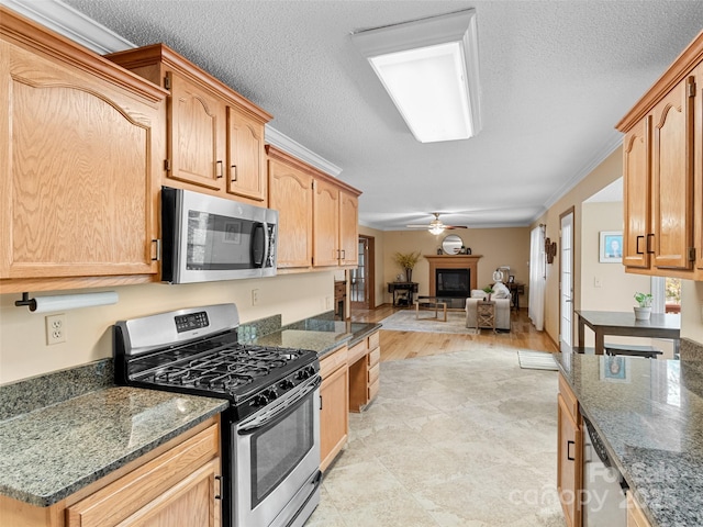 kitchen with dark stone countertops, ceiling fan, ornamental molding, and appliances with stainless steel finishes