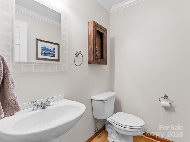 bathroom featuring toilet, sink, and ornamental molding