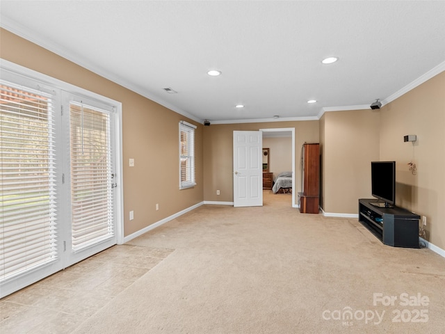 unfurnished living room with crown molding and light carpet