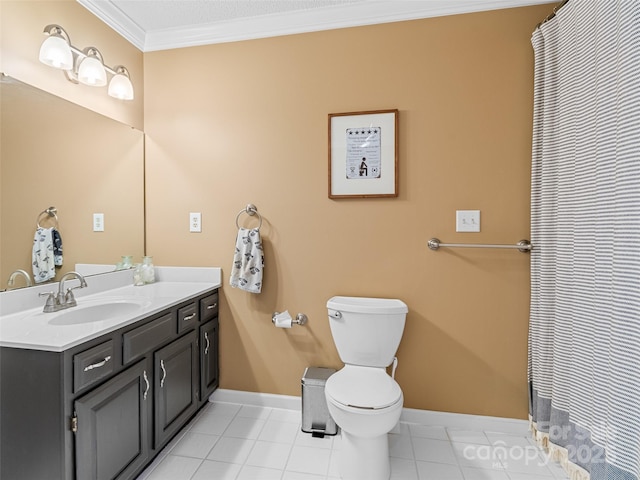 bathroom featuring toilet, vanity, tile patterned floors, and ornamental molding