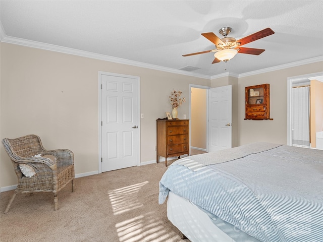 bedroom with ceiling fan, carpet, and ornamental molding