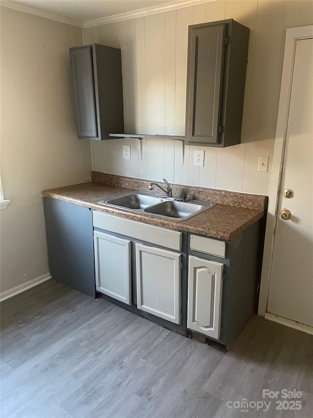 kitchen with gray cabinets, light hardwood / wood-style flooring, ornamental molding, and sink