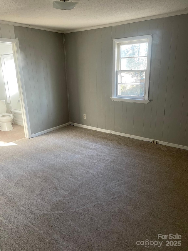 carpeted spare room with wood walls and a textured ceiling