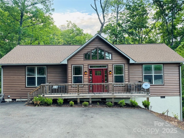 131 Pierpoint Dr, Lake Lure, NC 28746 - view of front of house with roof with shingles, log veneer siding, and crawl space