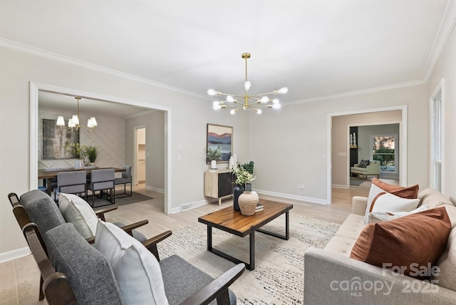 living room featuring light wood-type flooring and a notable chandelier