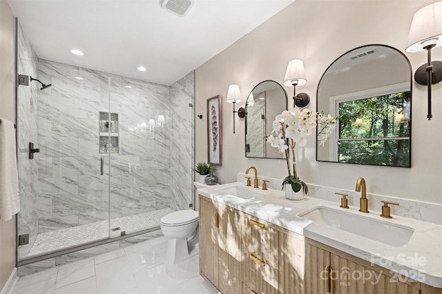 bathroom featuring vanity, toilet, and walk in shower