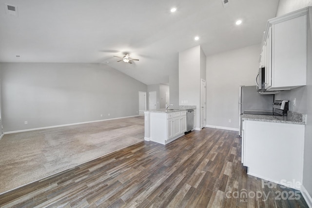 kitchen with appliances with stainless steel finishes, dark hardwood / wood-style flooring, light stone counters, white cabinets, and lofted ceiling