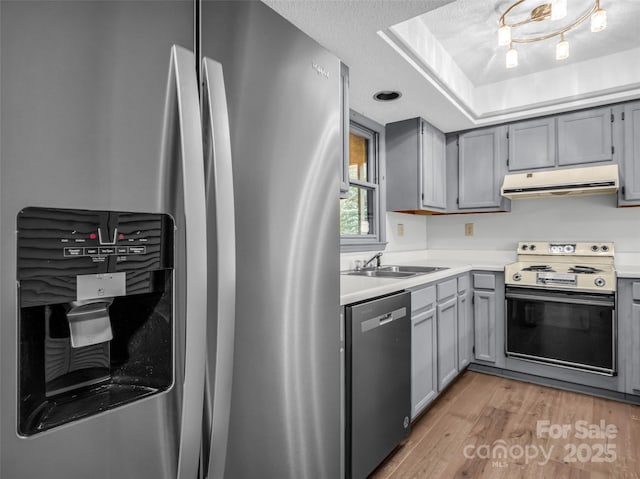 kitchen featuring gray cabinets, sink, stainless steel appliances, and a textured ceiling