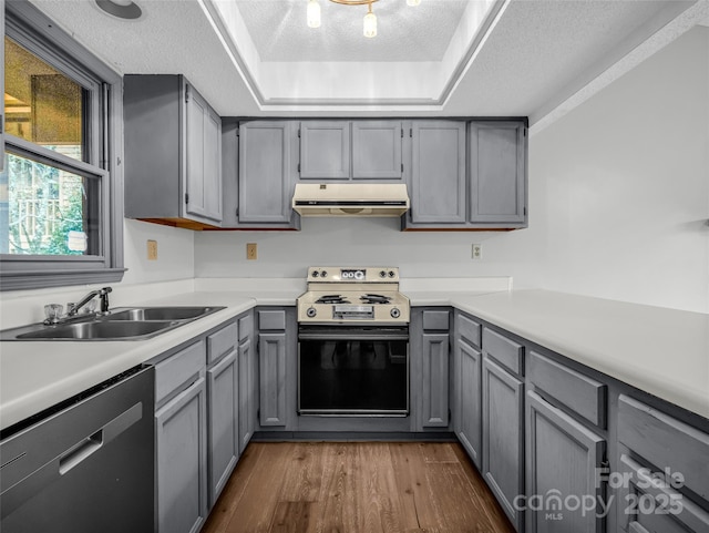 kitchen with gray cabinetry, sink, stainless steel dishwasher, range with electric stovetop, and a textured ceiling