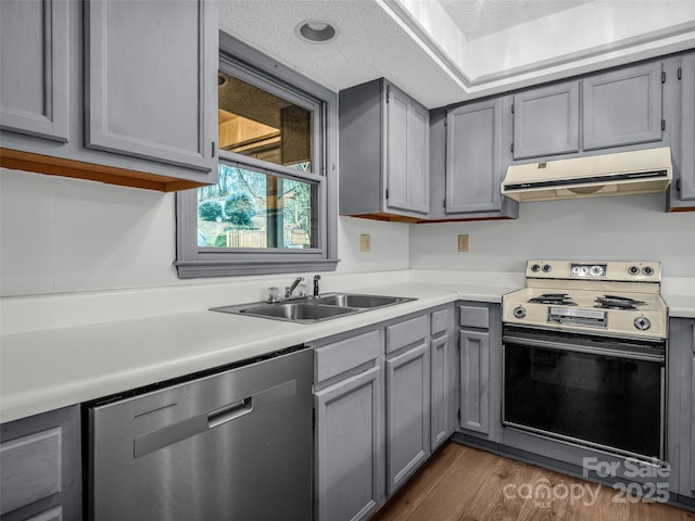 kitchen featuring electric stove, dishwasher, gray cabinets, and sink