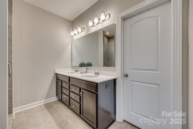 bathroom featuring tile patterned flooring, vanity, and walk in shower