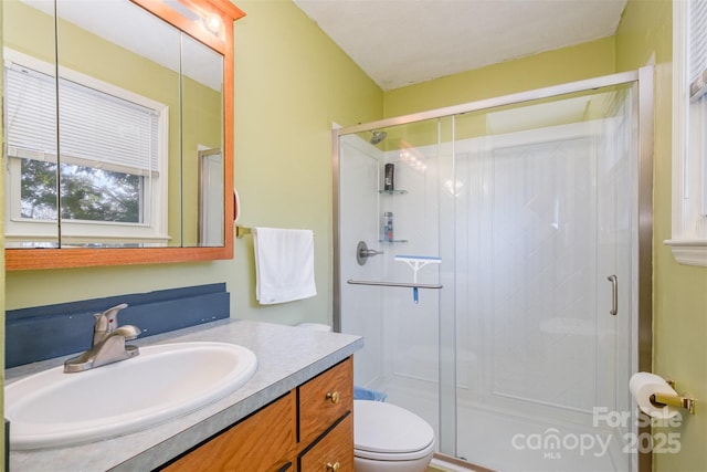 bathroom featuring vanity, toilet, and a shower with shower door