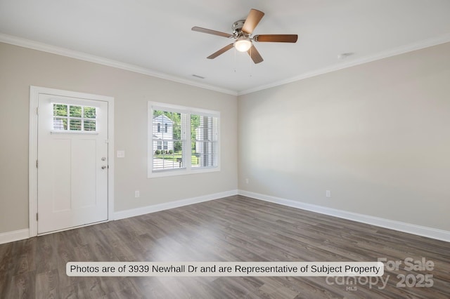 foyer with plenty of natural light, crown molding, and dark wood-type flooring