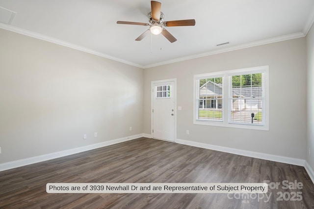 unfurnished room with dark hardwood / wood-style floors, ceiling fan, and ornamental molding