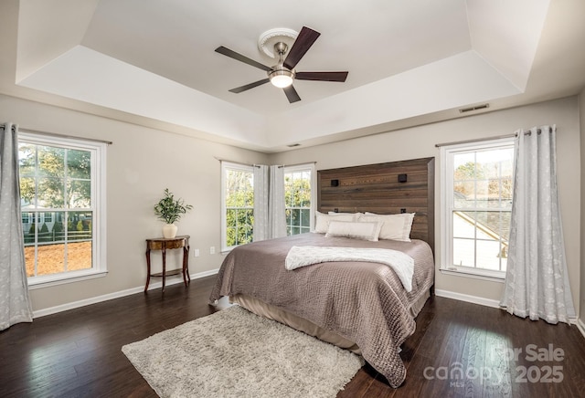 bedroom with a raised ceiling, multiple windows, ceiling fan, and dark hardwood / wood-style flooring