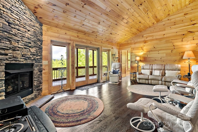 62 N Bear Cliff Dr, Nebo, NC 28761 - living area featuring french doors, wood walls, hardwood / wood-style floors, and wooden ceiling