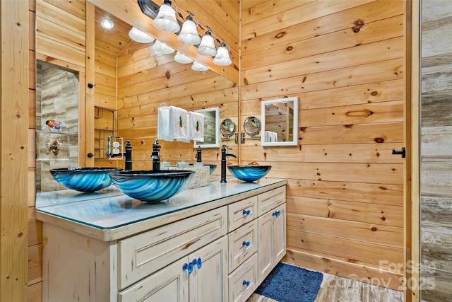 62 N Bear Cliff Dr, Nebo, NC 28761 - full bathroom with a sink, wood walls, double vanity, and wood finished floors
