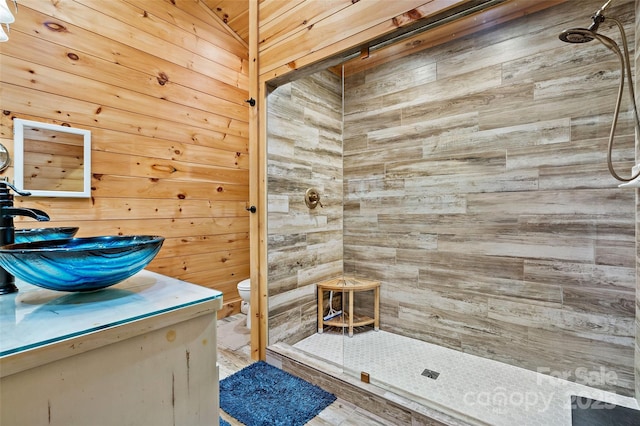 62 N Bear Cliff Dr, Nebo, NC 28761 - bathroom with toilet, wood walls, a tile shower, and vanity