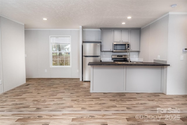 kitchen with kitchen peninsula, ornamental molding, a textured ceiling, stainless steel appliances, and gray cabinets