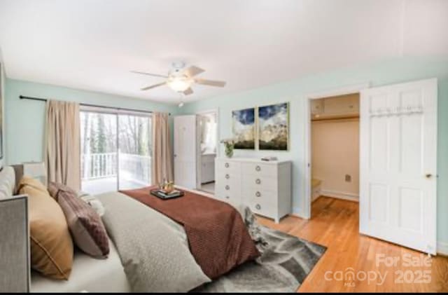 bedroom with ceiling fan, wood-type flooring, ensuite bath, and access to outside