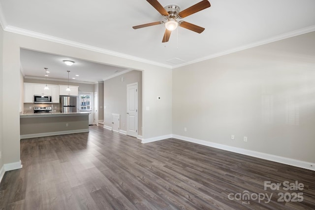 unfurnished living room featuring ceiling fan, dark wood-type flooring, and ornamental molding