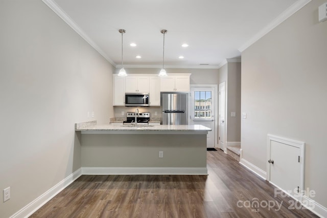 kitchen with light stone counters, stainless steel appliances, crown molding, white cabinetry, and hanging light fixtures