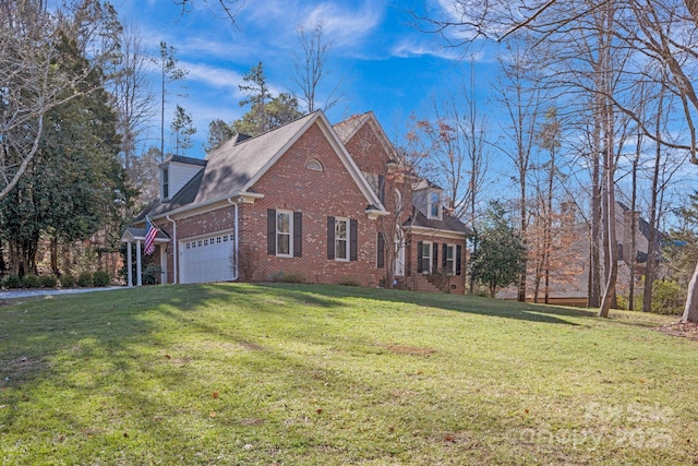 view of property exterior with a yard and a garage