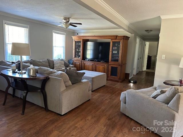 living room featuring ceiling fan, a textured ceiling, dark hardwood / wood-style floors, and a healthy amount of sunlight