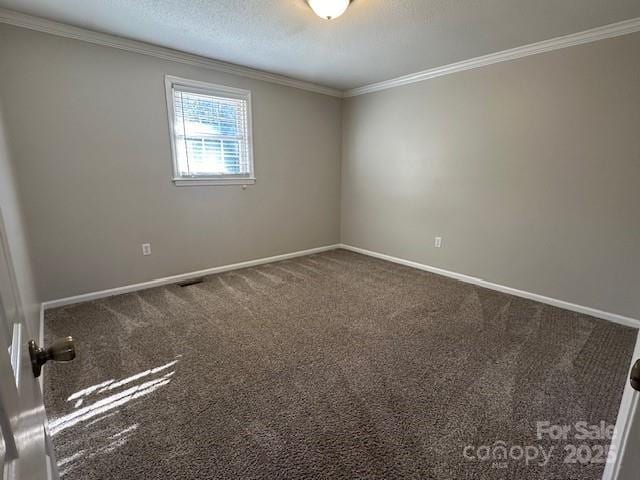 carpeted empty room featuring a textured ceiling and crown molding