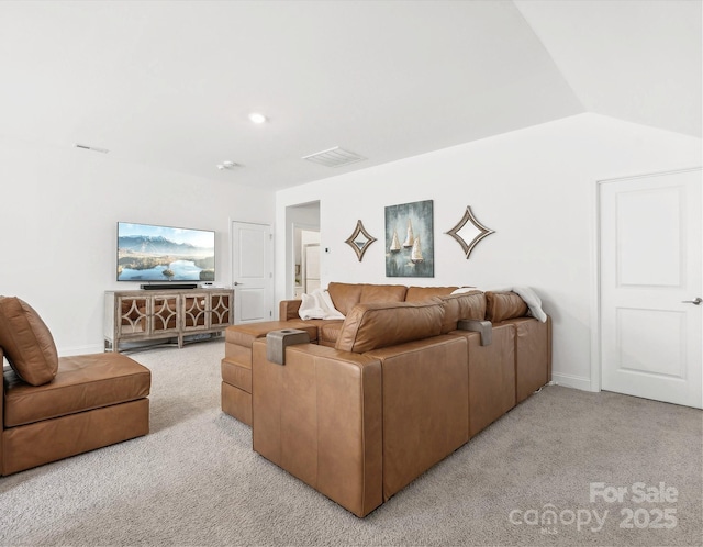 living room with light carpet and lofted ceiling