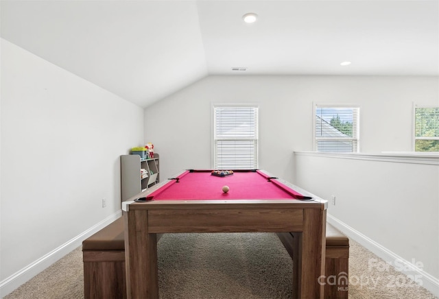 rec room featuring carpet, plenty of natural light, pool table, and vaulted ceiling