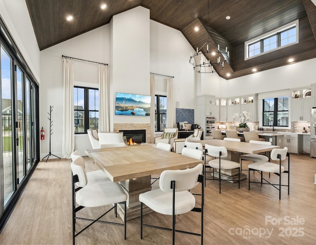 dining space featuring light wood-type flooring, high vaulted ceiling, wooden ceiling, and sink