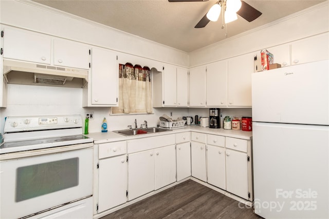 kitchen featuring white appliances, a sink, light countertops, white cabinets, and under cabinet range hood