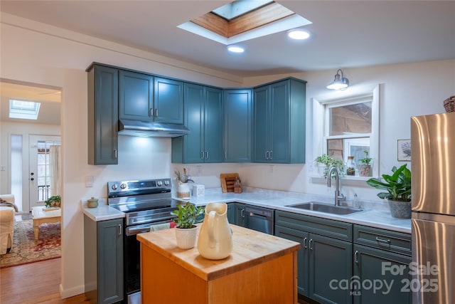 kitchen featuring sink, wood-type flooring, a skylight, a center island, and stainless steel appliances