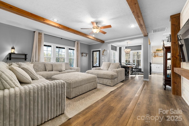 living room with ceiling fan with notable chandelier, dark hardwood / wood-style flooring, a textured ceiling, and beam ceiling