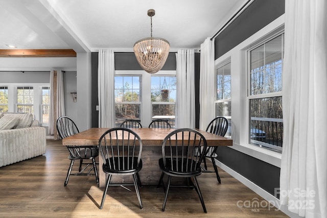 dining space with a chandelier, a wealth of natural light, and dark hardwood / wood-style floors