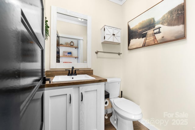 bathroom featuring toilet, hardwood / wood-style floors, and vanity