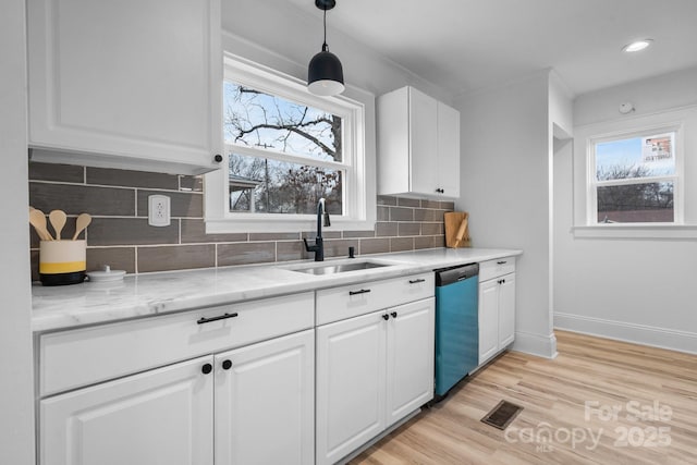 kitchen featuring sink, hanging light fixtures, stainless steel dishwasher, decorative backsplash, and white cabinetry