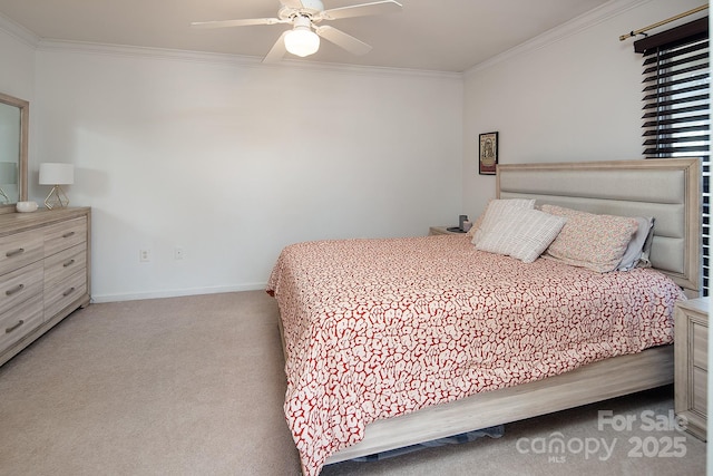 bedroom with light carpet, crown molding, and ceiling fan