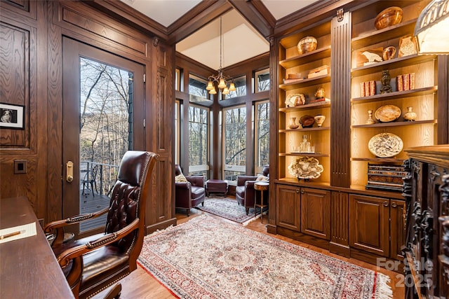 47 Twilight Sedge Dr, Biltmore Lake, NC 28715 - office area featuring crown molding, built in shelves, and light wood-style floors