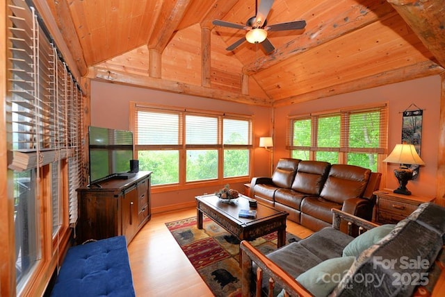 living room featuring lofted ceiling with beams, ceiling fan, and wood ceiling