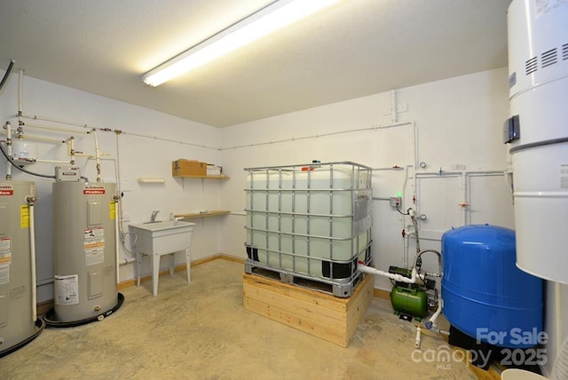 utility room with electric water heater and sink